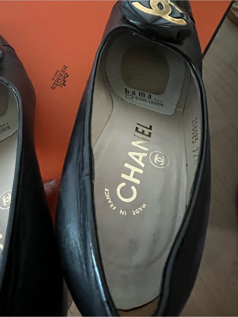 CHANEL Black Leather Pointed Toe Pumps with Gold CC Medallion - Picture 9 of 16